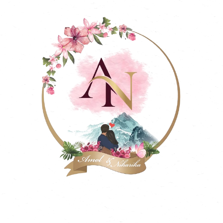 Monogram of Amol and Niharika: a gold A and N inside a floral wreath, above an illustration of the couple seen from behind looking out at snow-capped mountains.